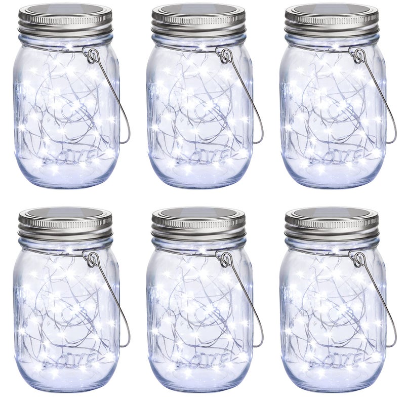 Mlambert Mason Jar Solar Lights 30 LEDs, 6 Pack Hanging Solar Lanterns Outdoor, Waterproof Fairy Lights Outdoor Lanterns for Patio Garden, Cool White - Image 1